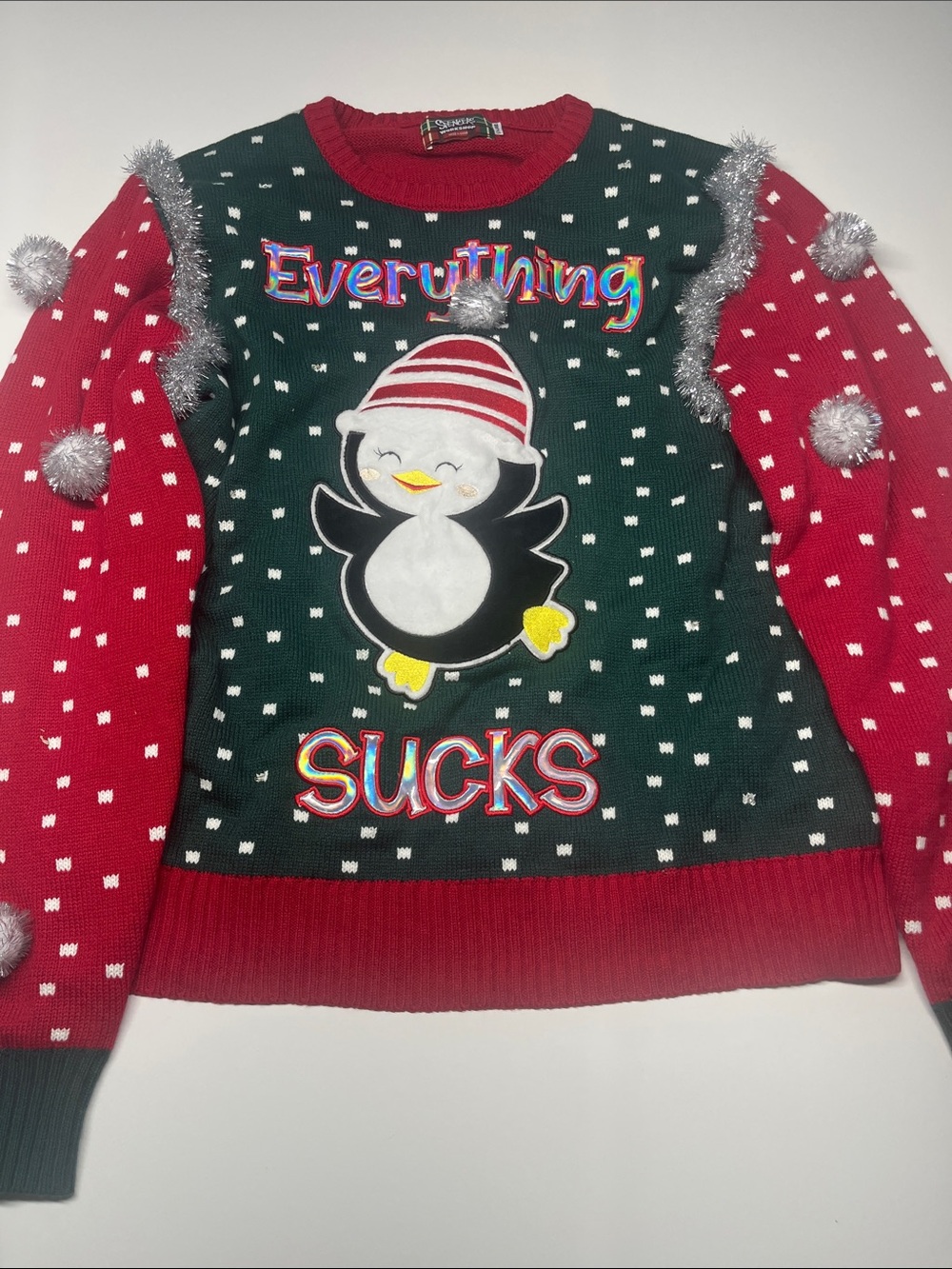 Spencer's Green & Red Penguin 'Everything Sucks' Holiday Sweater